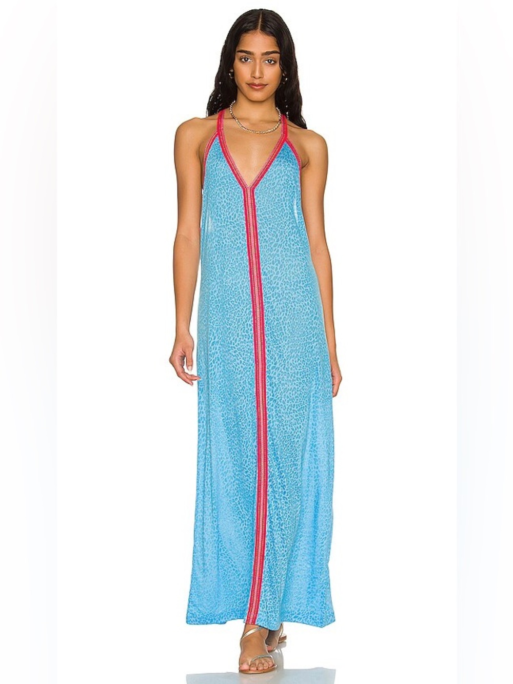 Pitusa Blue Halter Maxi Swim Cover-Up with Pink Trim